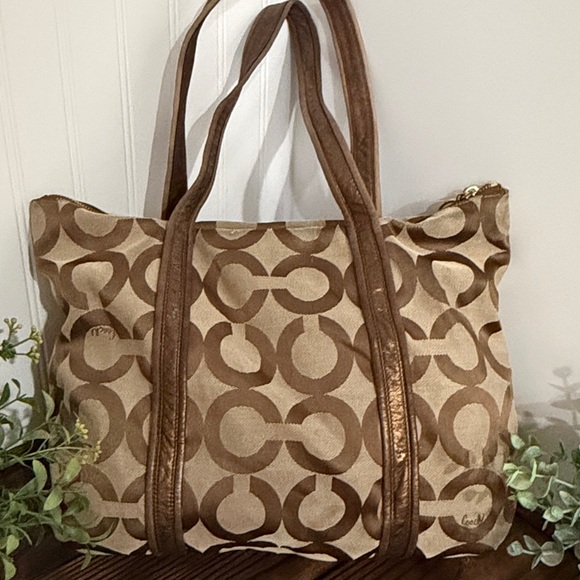 Vintage Y2K Coach Poppy Op Art Glam tote bag khaki gold canvas leather trim - Picture 3 of 9